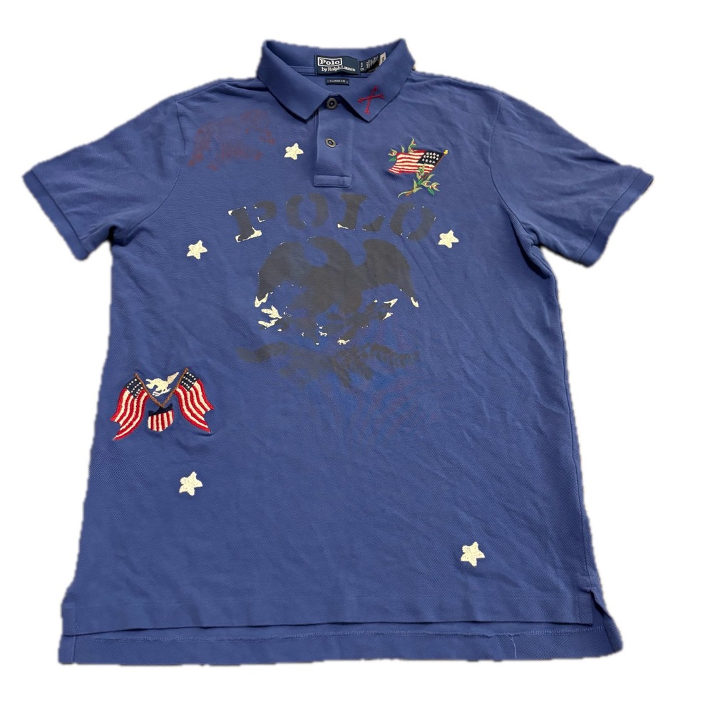 Polo Ralph Lauren Mens Small Blue Americana Eagle Flag Graphic Classic Fit Polo